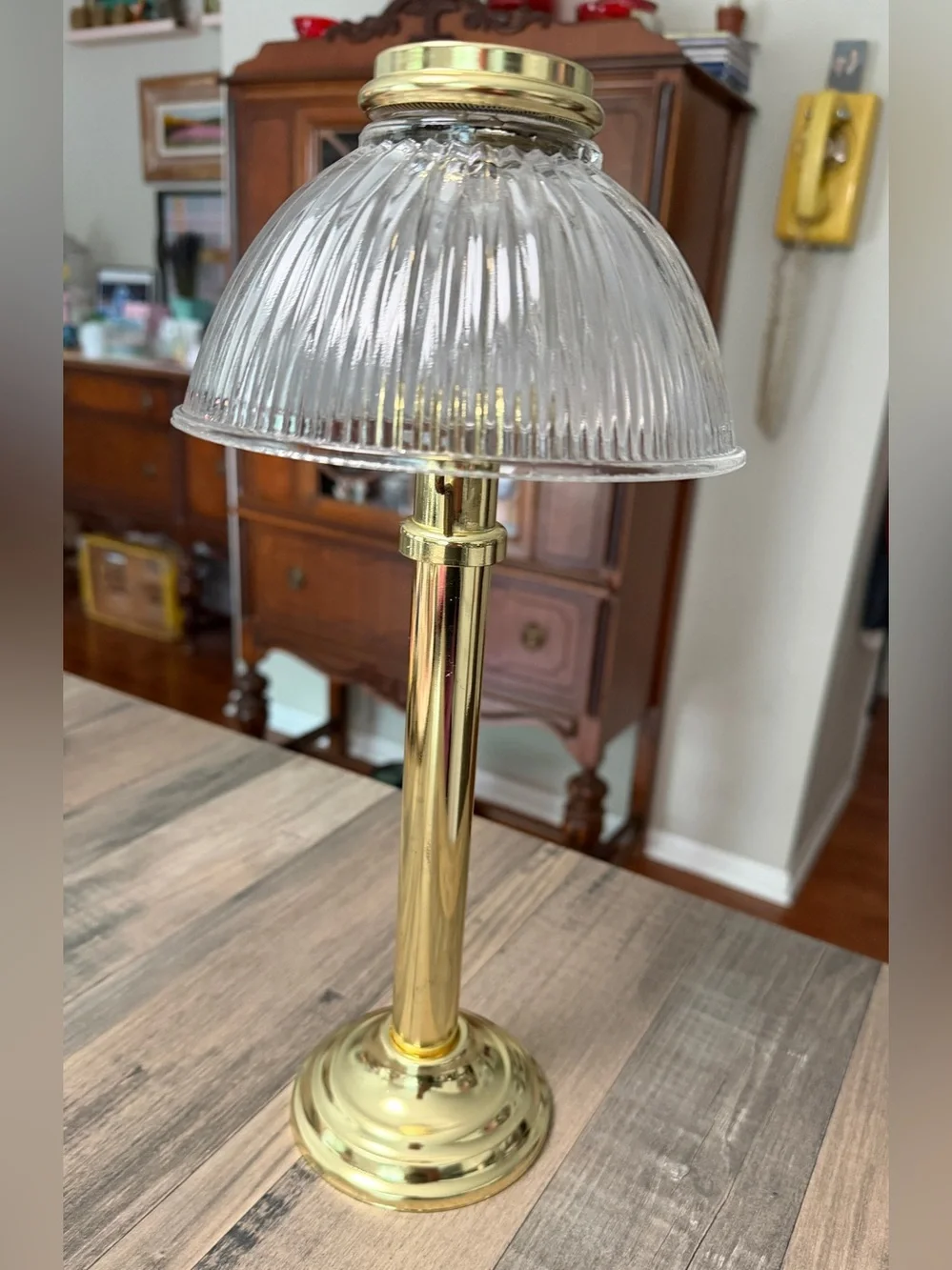 PartyLite Brass Gas Light Candle Table Lamp with Clear Ribbed Glass Shade